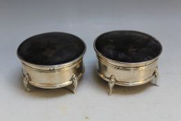 A PAIR OF HALLMARKED SILVER AND TORTOISESHELL JEWELLERY BOXES - BIRMINGHAM 1923, both raised on four