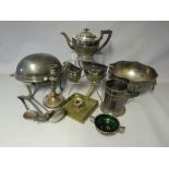 A QUANTITY OF ASSORTED METALWARE, to include a silver plated three piece tea set, punch bowl, twin