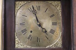 A 19TH CENTURY OAK BRASS FACED LONGCASE CLOCK, the 11" brass dial with eight day movement, Roman and