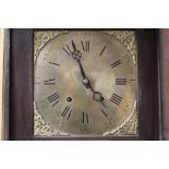 A 19TH CENTURY OAK BRASS FACED LONGCASE CLOCK, the 11" brass dial with eight day movement, Roman and