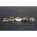 A COLLECTION OF FIVE HALLMARKED 9 CARAT GOLD DRESS RINGS, various sizes, approx combined weight 10.