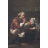 (XIX). A kitchen interior scene with father and child. Unsigned, oil on canvas, framed, 43 x 35 cm