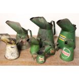 A SELECTION OF EIGHT VINTAGE STEEL OIL POURING CANS INCLUDING CASTROL AND DUCKHAMS, examples ranging