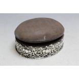 A HALLMARKED SILVER PIN CUSHION TOPPED OVAL BOX BY DEAKIN & FRANCIS - BIRMINGHAM 1899, in need of