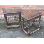 TWO ANTIQUE OAK JOINT TYPE STOOLS, each raised on turned supports united by stretches, H 49 cm, W 48