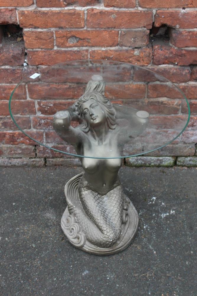 A MODERN GLASS TOPPED MERMAID OCCASIONAL TABLE, Dia. 61 cm