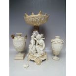 THREE ITEMS OF PARIAN WARE FOR RESTORATION, comprising a figural comport together with to Copeland