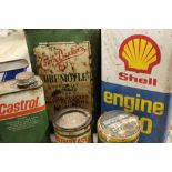 A QUANTITY OF VINTAGE OIL CONTAINERS, together with a selection of grease tins, steel pouring