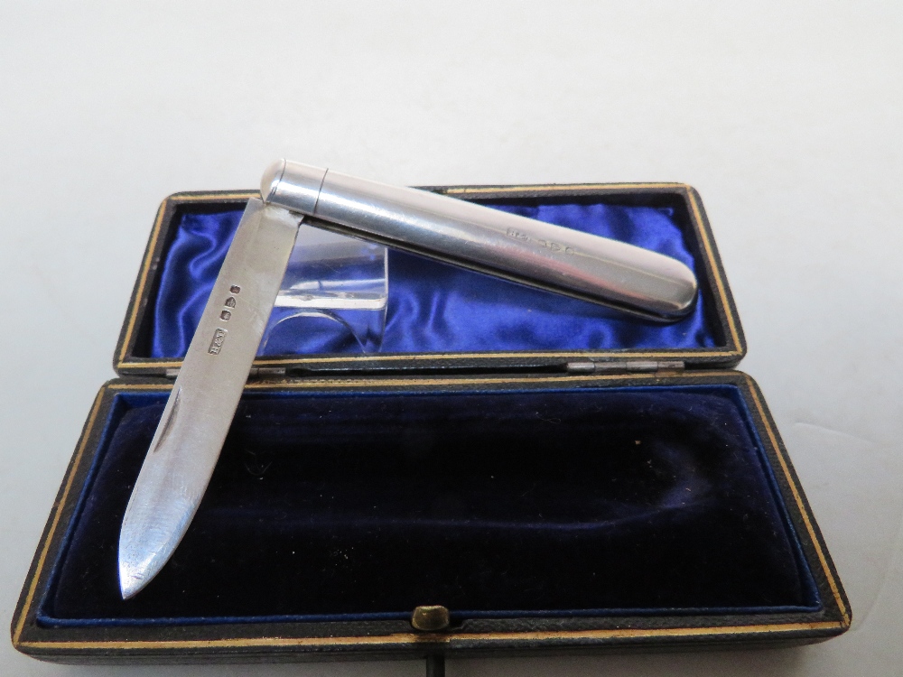 A CASED HALLMARKED SILVER FRUIT KNIFE - CHESTER 1898/9, open L 14.5 cm, closed L 8 cm - Image 3 of 7