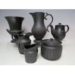 A SPODE BLACK BASALT SMALL TEA POT, some damage, together with a further selection of Spode black