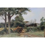 AKIN 'ALAN KING' (XX). An impressionist wooded landscape with hay cart, horse and figure and steam