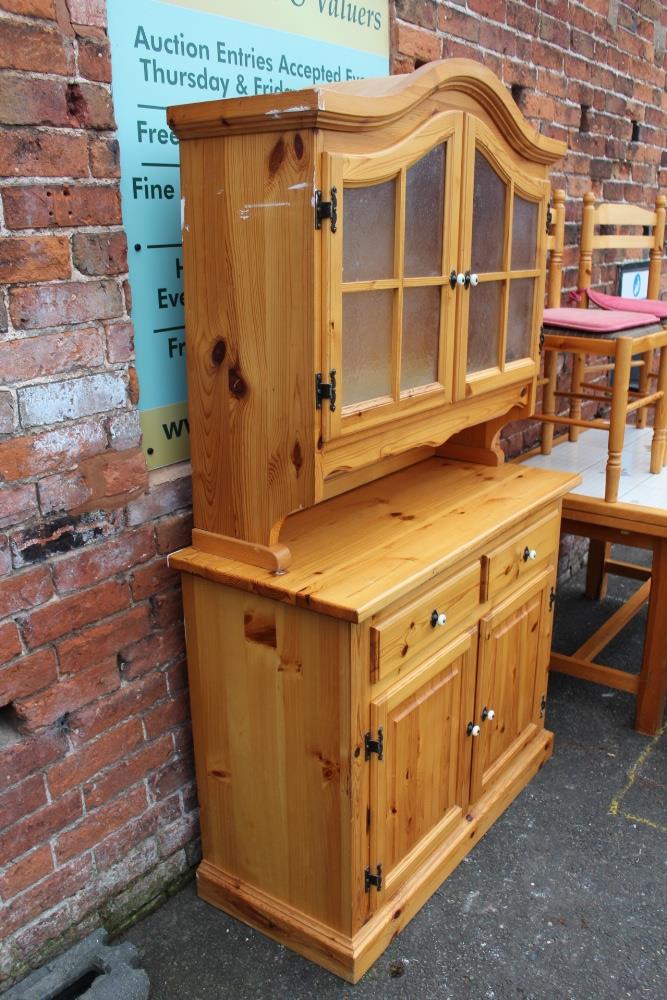 A MODERN PINE TILE TOP KITCHEN TABLE WITH FOUR CHAIRS, together with a pine glazed dresser - Image 4 of 8