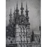 DOROTHY E. .G. WOODLAND. Figures in a town square before a cathedral. Signed in pencil lower