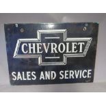 A VINTAGE ENAMELLED DOUBLE SIDED CHEVROLET SALES AND SERVICE SIGN, by Franco, W 76 cm, H 53 cm