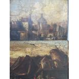(XIX). A pair of continental stormy coastal town scenes with boats and figures. Unsigned, oils on