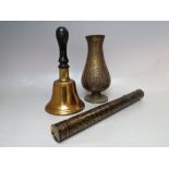 St Mary's Abbey - A VINTAGE TOLEWARE NEEDLE HOLDER, L 31 cm, together with a brass hand bell and