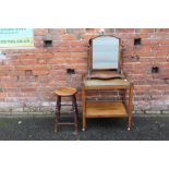 A VINTAGE OAK TROLLEY, with a traditional elm stool and a mirror (3)