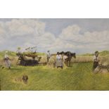 DON STYLER (1900 - 2000). A harvesting scene with figures, horses and dog, 'Bygone Days' see