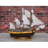 A LARGE FINE SCALE MODEL OF CAPTAIN JAMES COOK'S SHIP HMS ENDEAVOUR, mounted on an oak base, L 96