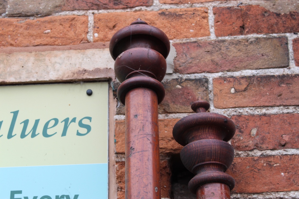 TWO HUGE NINETEENTH CENTURY MAHOGANY CURTAIN POLES WITH ACORN FINIALS AND BRASS EFFECT CURTAIN - Image 2 of 4