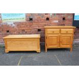 A MODERN PINE SMALL SIDEBOARD, together with a pine blanket box (2)