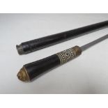 A VINTAGE EBONISED GENTS CANE / SWORD STICK, with lion mask pommel, blade length 56 cm, overall