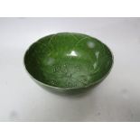 A PILKINGTON LANCASTRIAN GREEN LOTUS TYPE BOWL, impressed marks to base, H 7 cm, Dia. 14 cm