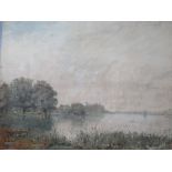H.J. KINNAIRD ( XIX-XX). A wooded lake scene with cattle and swans, manor house in background,