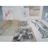 A QUANTITY OF PENCIL AND PEN DRAWINGS, various artists and subjects, mainly unsigned, one signed