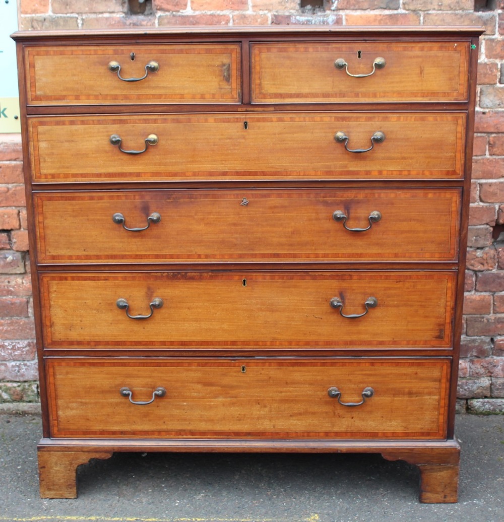 A LATE 19TH / EARLY 20TH CENTURY MAHOGANY AND INLAID CHEST OF DRAWERS, having two short above four