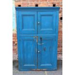 A VINTAGE PINE HOUSEKEEPERS CUPBOARD, blue painted, W 125 cm including hooks, D 51 cm, H 177 cm