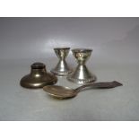 A PAIR OF DUCHIN CREATION STERLING SILVER DWARF CANDLESTICKS, H 6 cm, together with a small