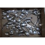 A QUANTITY OF HALLMARKED SILVER SPOONS, majority pre-Victorian, mainly tea and coffee spoons,