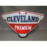 A LARGE CLEVELAND PREMIUM PETROL GLOBE, trapezoid shaped in opaline glass, double sided, H 42 cm,