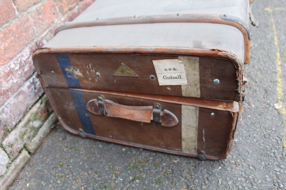 TWO VINTAGE BANDED PACKING TRUNKS, both with stencilled initials and paper luggage labels, - Image 7 of 13