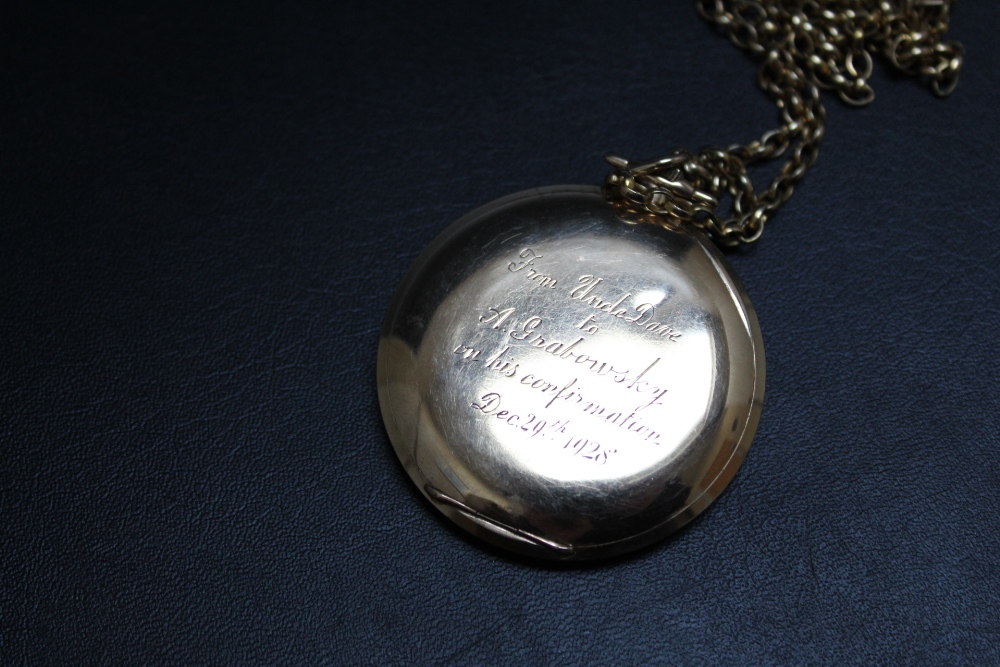 A HALLMARKED 9 CARAT GOLD OPEN FACED MANUAL WIND POCKET WATCH, on hallmarked 9 carat gold chain, - Image 2 of 3