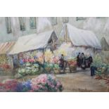 MARY RUSSELL (XIX-XX). Continental town scene with figures in flower market 'Flower Market in Old