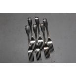 A SET OF SIX HALLMARKED SILVER FIDDLE AND THREAD TABLE FORKS BY ELEY & FEARN - LONDON 1817, approx
