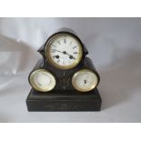 A VICTORIAN SLATE MANTEL CLOCK WITH PARISIAN MOVEMENT, having central clock face with two further
