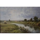 H. EAST (XX). A wooded river landscape with hay cart, horse and figures. Signed lower right, oil