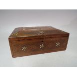 A LATE 19TH / EARLY 20TH CENTURY DECORATIVE WOODEN BOX, profusely inlaid with copper, brass and