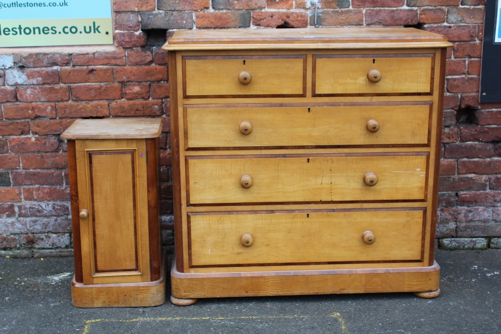 A LATE NINETEENTH / EARLY TWENTIETH CENTURY SATINWOOD CHEST, of two short above three longer