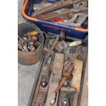 TWO BOXES AND ONE TIN CONTAINING VARIOUS WOOD PLANERS, saws, hand files and a carpenters brace