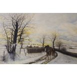 DON STYLER (1900 - 2000). A winter wooded landscape with horse, figure and cottage 'Winter Morn' see