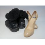 A PAIR OF BLACK SUEDE UGG ANKLE BOOTS, size 4 1/2, together with a pair of Dolce & Gabanna nude