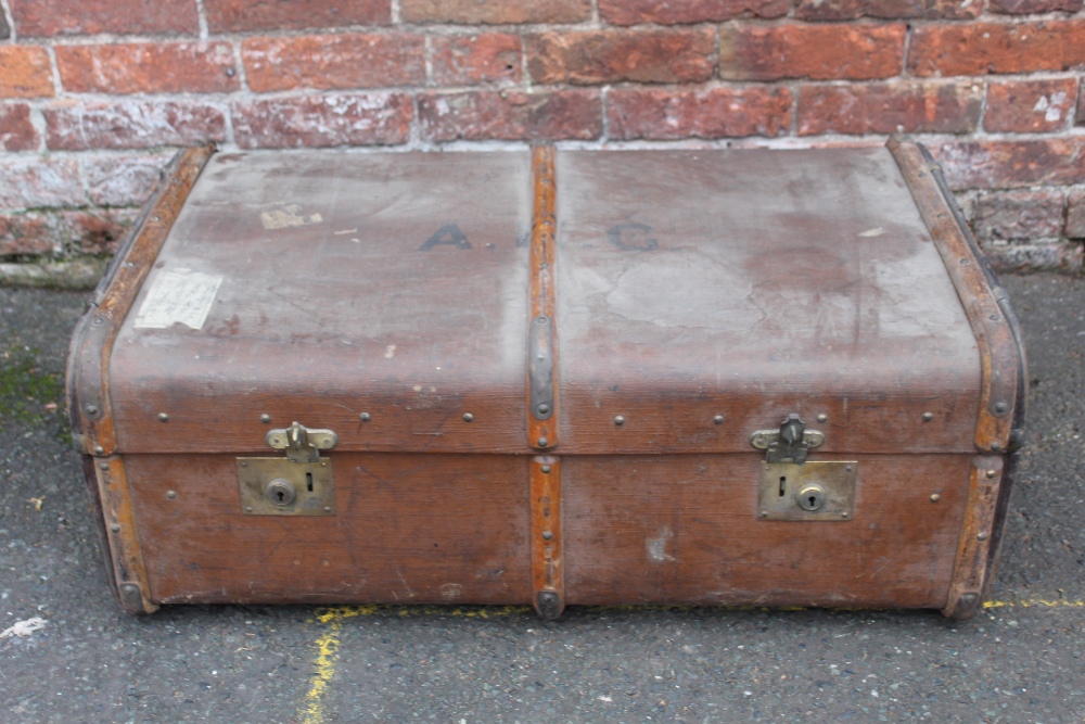 TWO VINTAGE BANDED PACKING TRUNKS, both with stencilled initials and paper luggage labels, - Image 2 of 13