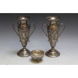 A PAIR OF EASTERN TWIN HANDLED VASES, H 15.5 cm, together with a salt dish decorated with hounds (
