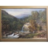 S. JACKSON. A gilt framed extensive country landscape with watermill and figures. Watercolour,