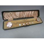 A LATE 19TH / EARLY 20TH CENTURY CASED SET OF HAT PINS AND BUTTONS, with mother of pearl and