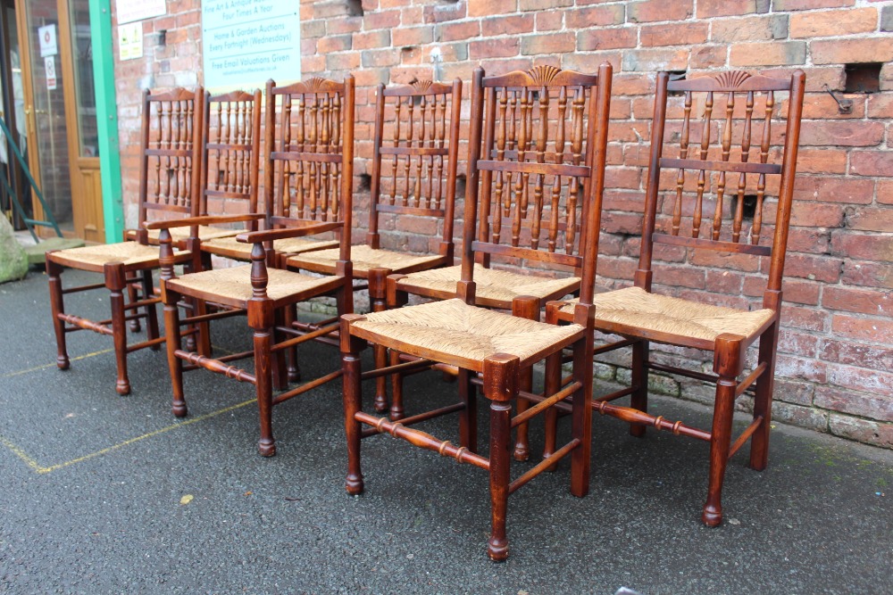 A SET OF EIGHT OAK AND WICKER SEAT CHAIRS, with typical spindle backs (7 + 1) - Image 2 of 5